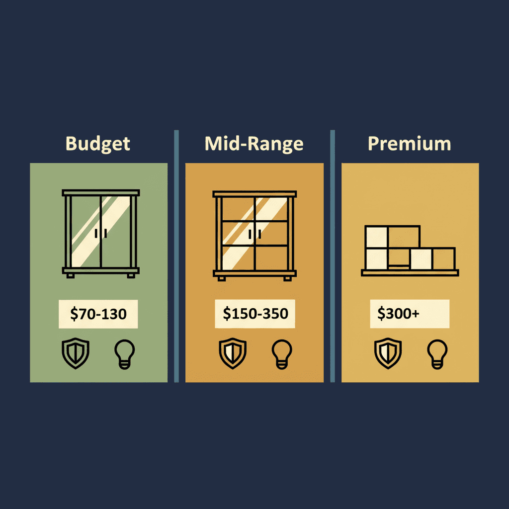 Display case comparison chart showing budget options at 80 to 150 dollars mid-range at 150 to 350 dollars and premium at 300 plus dollars with dust protection and lighting ratings