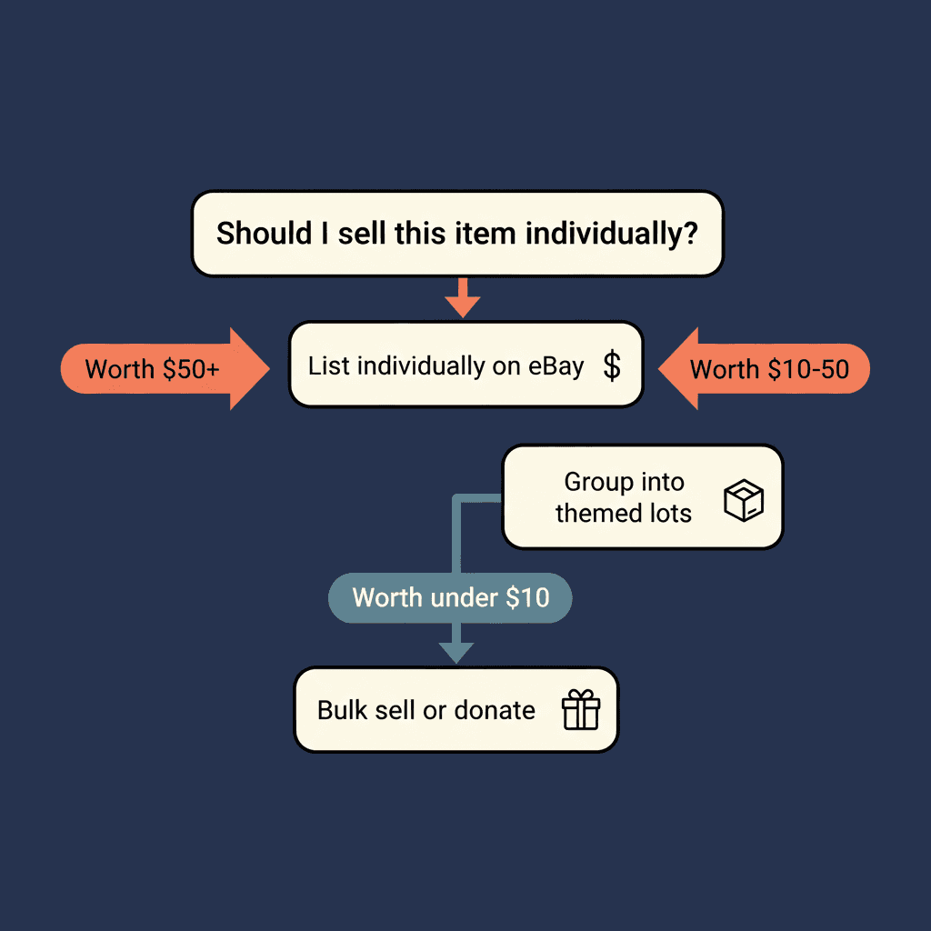Decision flowchart showing how to sort collectibles into three selling tiers based on individual item value