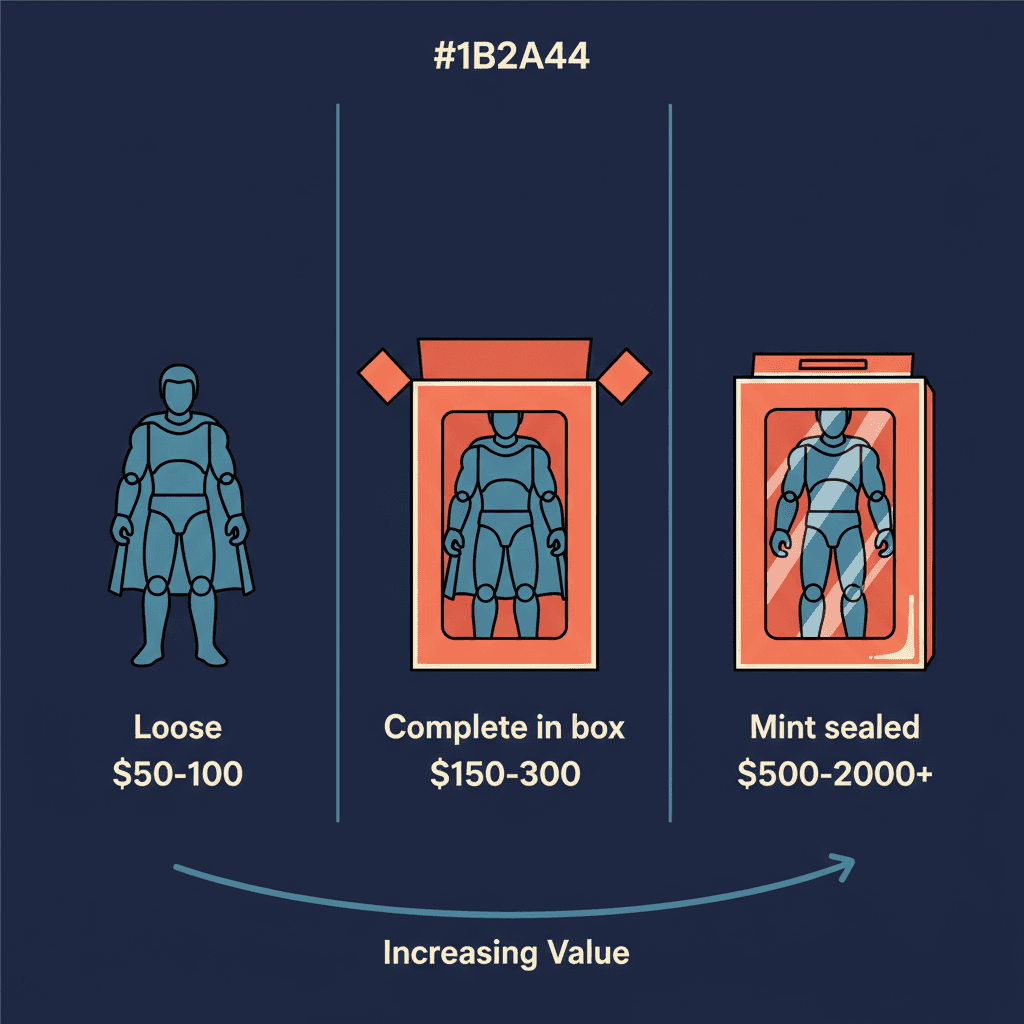 Condition comparison chart showing loose toy value at 50 to 100 dollars complete in box at 150 to 300 dollars and mint sealed at 500 to 2000 plus dollars