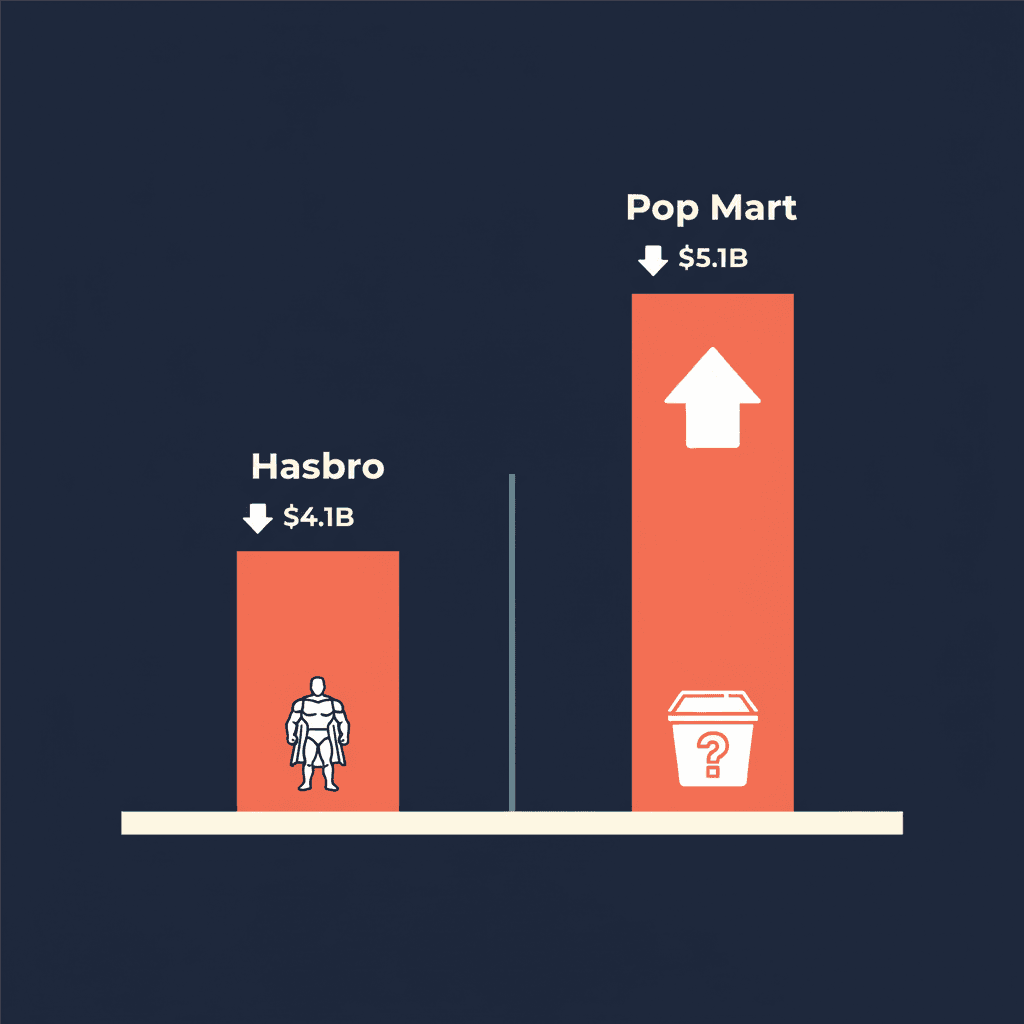 Revenue comparison chart showing Pop Mart at 5.1 billion dollars overtaking Hasbro at 4.1 billion dollars in 2024