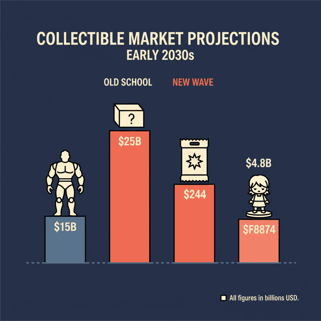 Market projection chart comparing action figures at 15 billion with blind boxes at 25 billion trading cards at 24 billion and anime figures at 4.8 billion by early 2030s