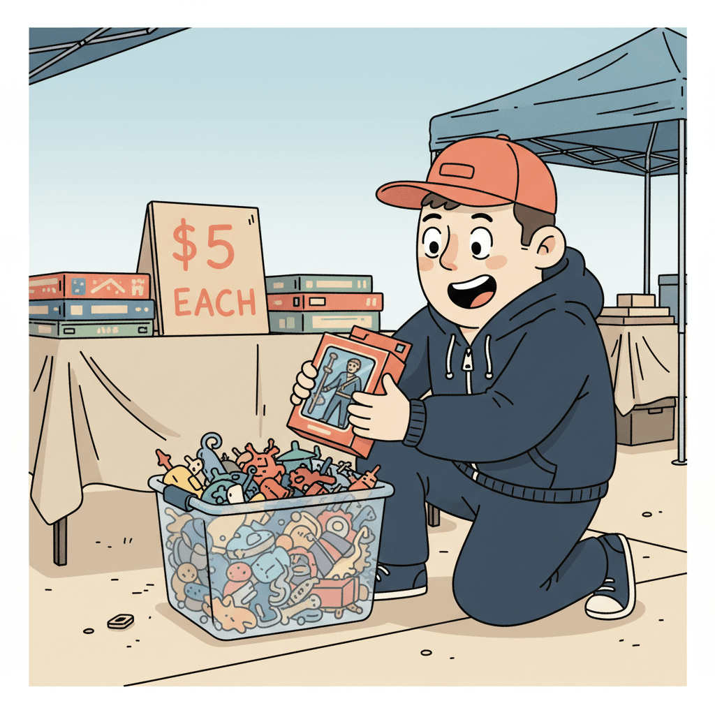 Collector hunting through bins of action figures at a flea market booth